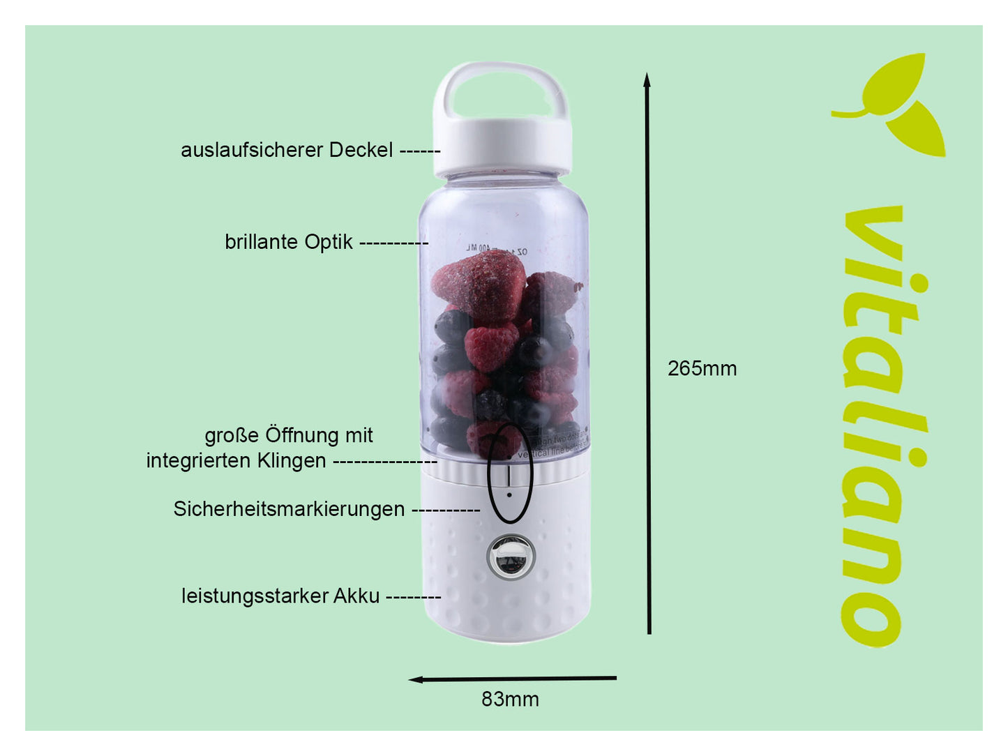 vitaliano portable smoothie maker to go, 500ml, exchangeable bottle, USB, dishwasher-safe, lightweight blender for freshness on the go - Bild 4